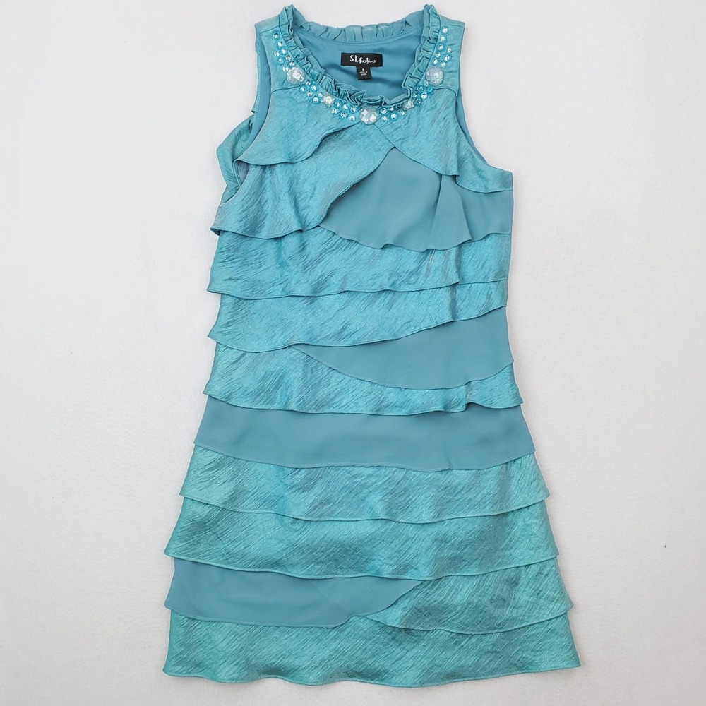 S.L. Fashions Dress Womens 8‎ Blue Tiered Ruffle Sleeveless Rhinestone Chiffon